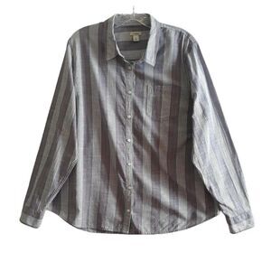 LL Bean Button Down Shirt Women Large Blue White Peach Stripes Long Sleeve